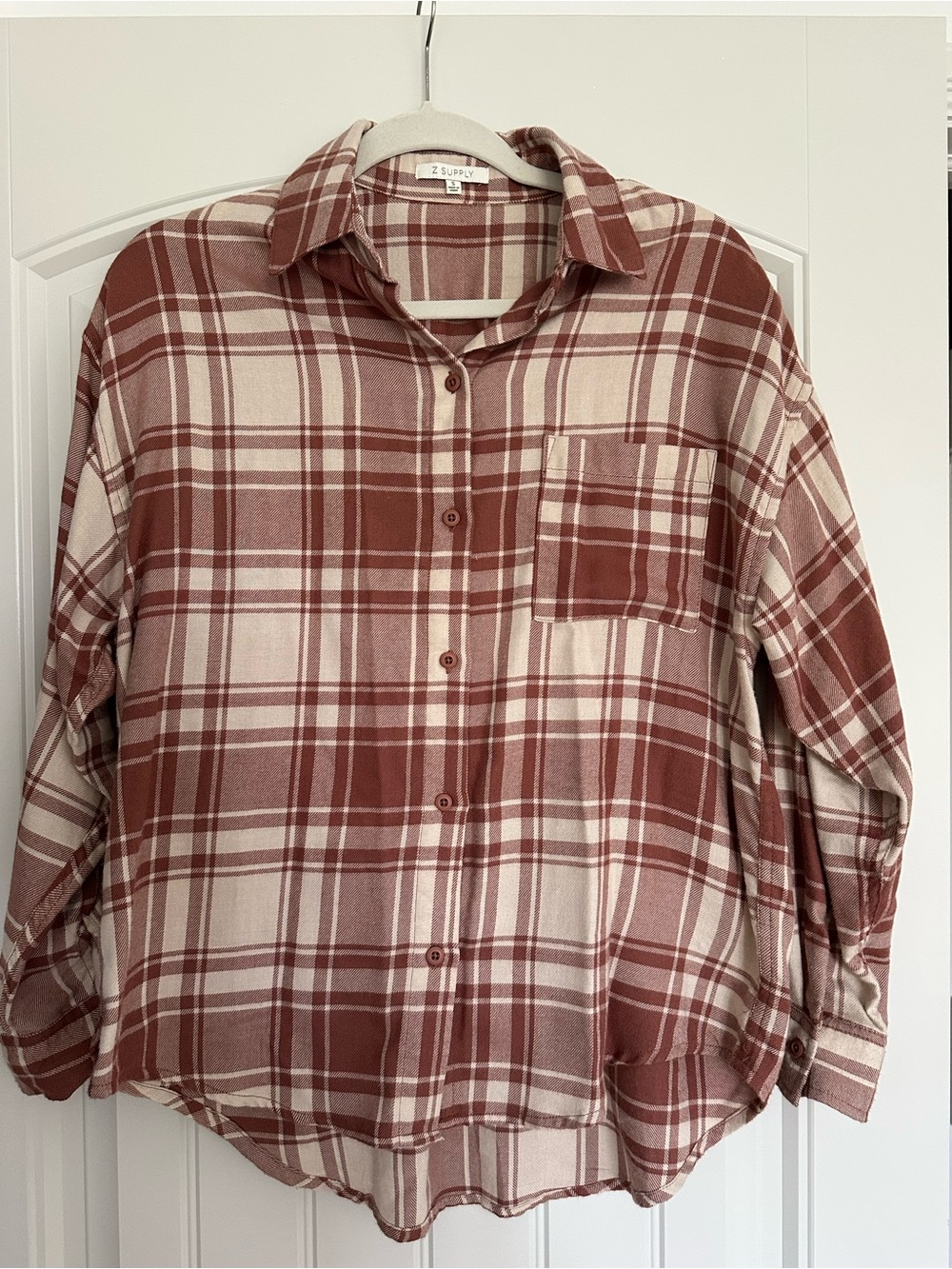 Z Supply plaid button-up shirt in rust and cream tones